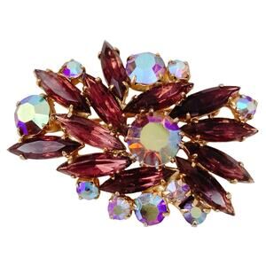 Mid Century Aurora Borealis Amethyst Rhinestone Gold Tone Floral Brooch Pin 50s
